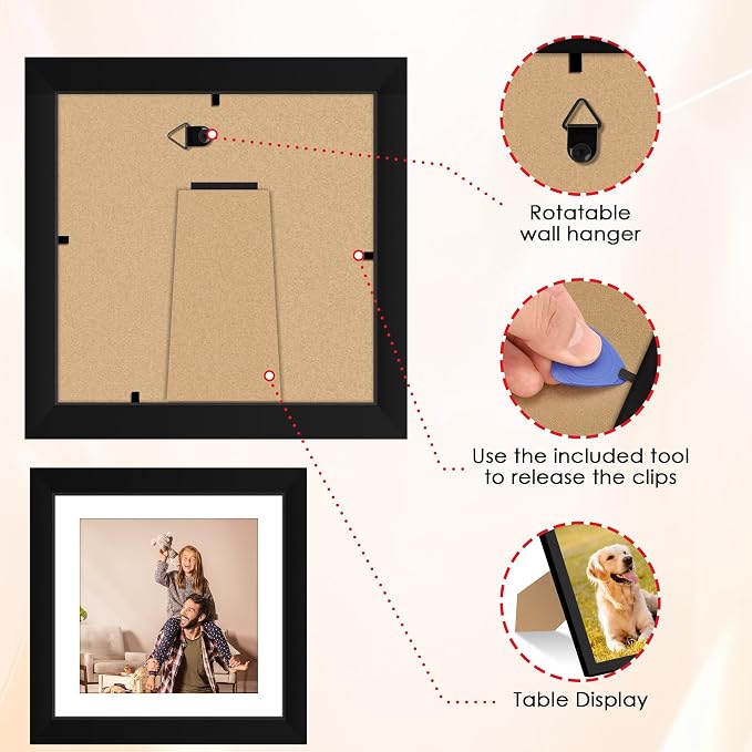 FIXSMITH 6x6 Picture Frame Set of 4, Photo Frame with HD Plexiglass, Display Pictures 4x4 with Mat or 6x6 Without Mat Multi Picture Frames Collage for Tabletop or Wall Display, Black