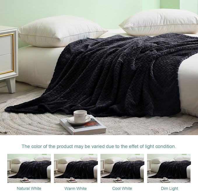 Exclusivo Mezcla Soft Fleece Bed Blanket Queen Size, 90”x90”, Black | Cozy Fluffy Lightweight Blankets for Summer, Decorative Plush Flannel Throws for Living room, Bedroom with Leaves Pattern