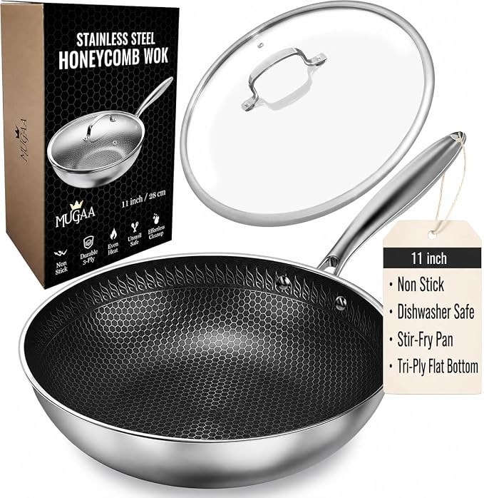 MUGAA® 11" Honeycomb Stainless Steel Wok with Lid, Nonstick, Induction Safe | Heavy-Duty Stir Fry Pan, Induction Compatible & Even Heat Distribution, PFOA-Free Non Toxic Cookware, Oven & Dishwasher Safe