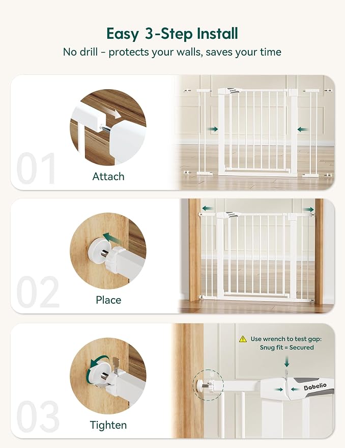 Babelio Baby Gate for Doorways and Stairs, 36“ Tall Pet Gate, PressGuard P7 with Auto Close Design, 29"-43" Wide Easy Install Pressure Mounted, Safety Gate Door for Child and Pet, White