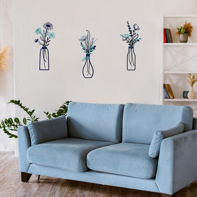 Pigort 3 Pieces Metal Flowers Wall Arts - Rustic Farmhouse Style Décor Metal Wall Art Black Minimalist Flower Natural Themed Wall Decors for Home Bedroom Dining Room Housewarming (Blue)