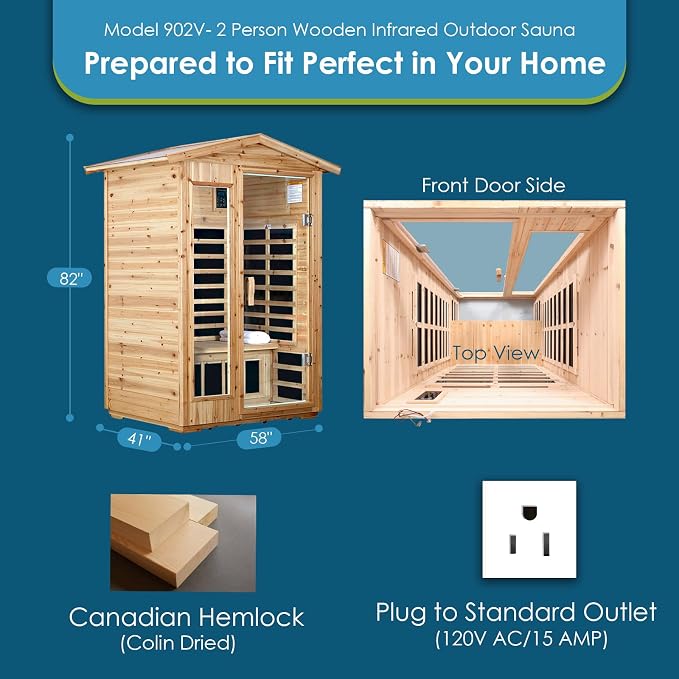 Saunas 902V Far Infrared Sauna, Outdoor Wooden Dry Sauna Low EMF (Hemlock Wood, 2-Person Size)