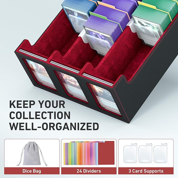3-Row Trading Card Storage Box, Bulk Cards Case for 2400+ Mtg tcg Magic Playing Game Card Organizer, Commander Deck Box with 3 Supports & 24 Dividers