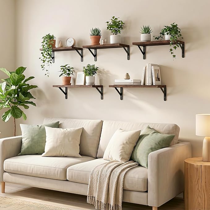 Fixwal Floating Shelves for Wall, Wood Wall Mounted Shelves for Bedroom, Bathroom, Living Room, Kitchen Storage and Decor(Brown, Set of 5, 16.5 Inch)