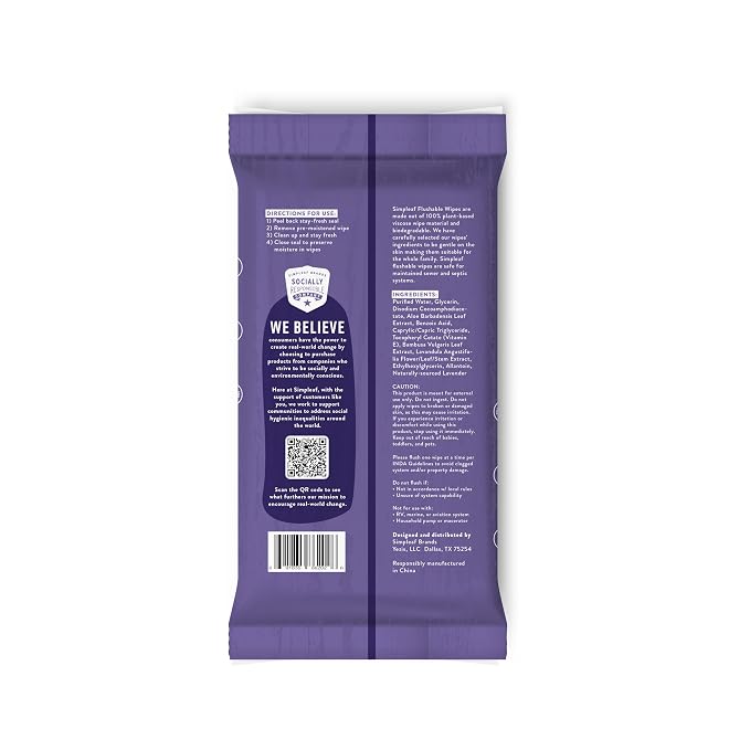 Simpleaf Lavender Essential Oil Flushable Wipes 50 Count (50 Count (Pack of 1), Lavender)