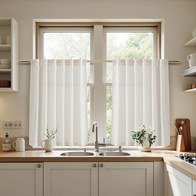 Nanspring 54 Inch Semi Sheer Linen Curtains,Linen Blend Light Filtering Panels Back Tab and Rod Pocket Modern Neutral Drapes for Bedroom Living Room, Cream, 2 Panels, 34 x 54 Inch