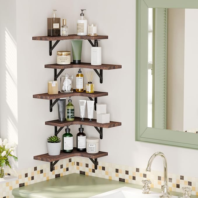 Fixwal Conner Shelves Wall Mounted for Decor, Walnut Brown Set of 5 | Solid wood shelf with metal brackets, holds 40 lbs. Optimizes corner storage. Fits bathroom, kitchen, bedroom & living room.