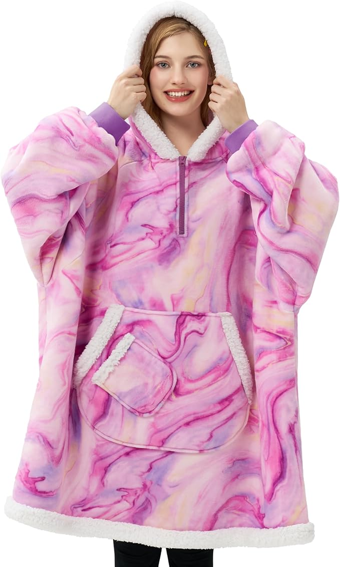 Giggling Getup Wearable Blanket Hoodie for Adults Gifts for Teen Girls Sister Women Sherpa Fleece Printed Hooded Blanket Sweatshirt Warm Cozy with Pocket & Sleeves Purple Texture Pattern