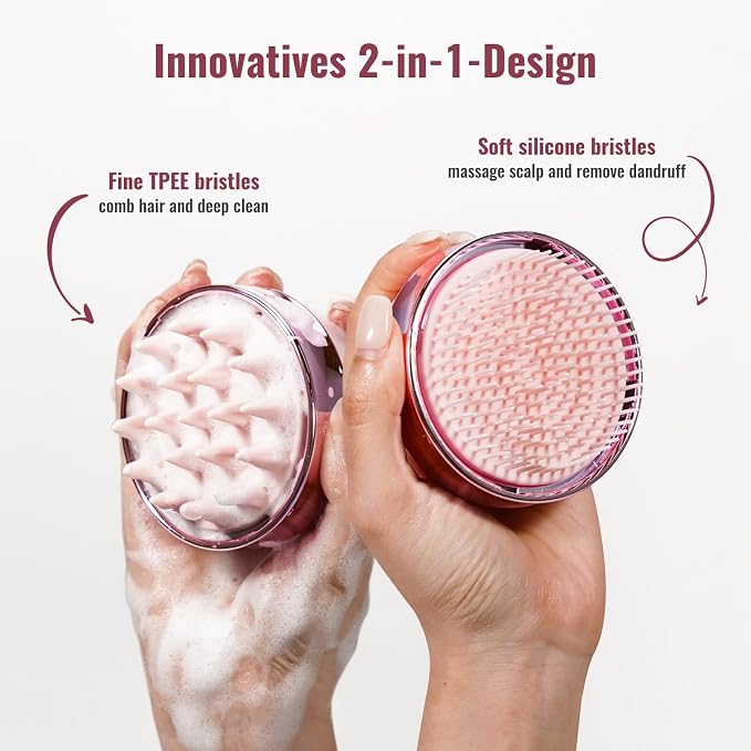 SHINLEA 2 in 1 Scalp Massager Hair Growth,Scalp Scrubber with Soft Silicone Bristles for Dandruff Removal,Shampoo Brush for Exfoliation,Head Massager for Both Wet and Dry Use (Pink)