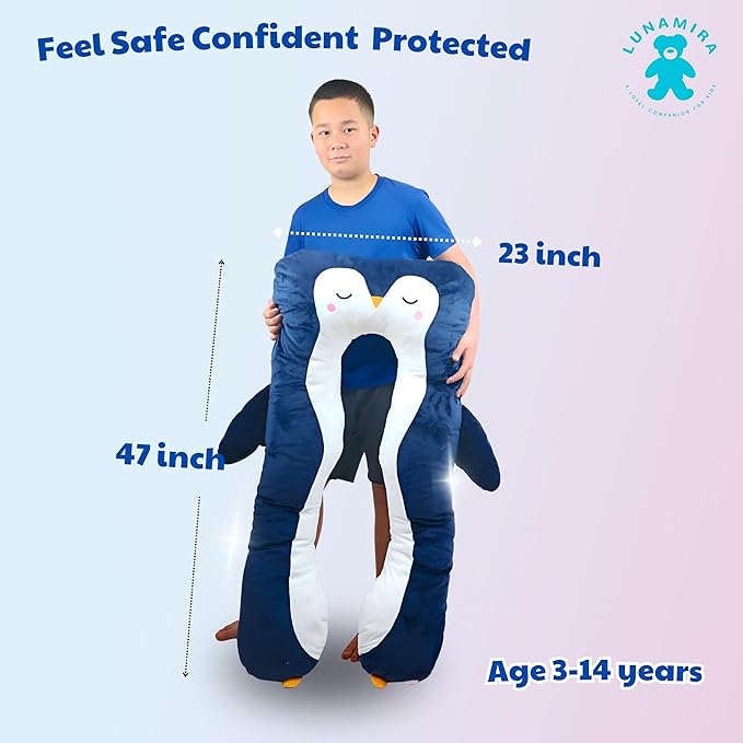 LUNAMIRA Penguin Kids Body Pillow - 47" U-Shape Long Plush Animal Pillow for Kids, Sleeping, Reading, ADHD & Special Needs Comfort, Anxiety, Washable Cover, Snuggle Fun Cuddle Gift for Boys & Girls