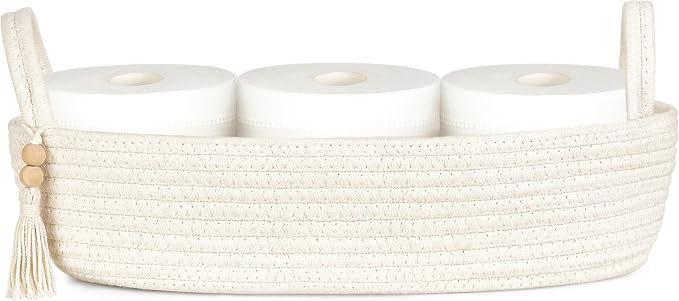 Mkono Toilet Paper Basket, Boho Bathroom Decor, Small Storage Organizer | White, 15.7"L x 6"W, Back of Toilet Basket, Decorative Woven Tray with Handles, Space-Saving, Living Room Bedroom, 1 Pack