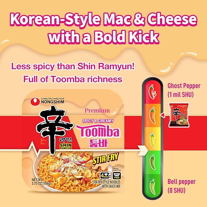 Nongshim Shin Ramyun Toomba Noodles Square Bowl, Creamy Korean Mac and Cheese Style Noodles, Gentle Kick of Spice, Korean Stir Fry Style Instant Noodles, Microwaveable, 3.73 oz (Pack of 6)