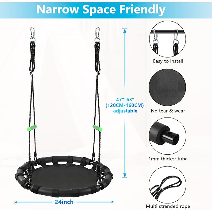Tree Swing with PP Mat - Durable, Safe, and Easy to Install,Black Outdoor Saucer Swing,Flying Saucer Web Circle Swing for Yard Garden Playground Park (24 inches Diameter)