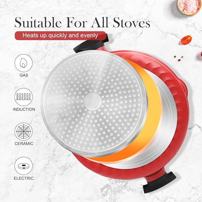 AIKENBBKK Frying Pan Skillet Nonstick with Lid, 14 Inch Large Deep Saute Pan, Big Induction Pan Non Stick, 2-1 Cooking Cookware with Helper Handle, Family Size, Suitable for All Stoves, PFOA-Free, Red
