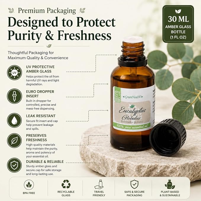 GreenHealth Eucalyptus Essential Oil – 1 fl oz (30 ml) Amber Glass Bottle w/Euro Dropper – 100% Pure Essential Oil