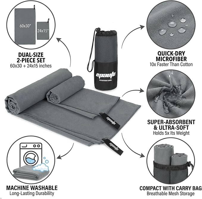 EPAuto 2-Pack Microfiber Quick Dry Towel Set - Lightweight, Super Absorbent & Compact Travel Towels (60"x30" & 24"x15") for Gym, Camping, Beach, Yoga & Backpacking, Gray