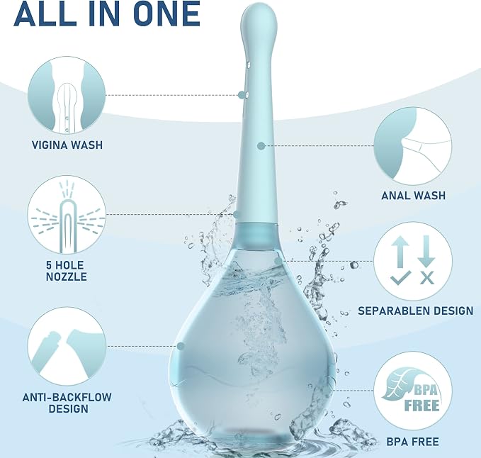 Enema Douche for Men & Women - Anti Back-Flow Anal Bulb with 5-Opening Spray Tip, 150ml Portable Kit for Personal Intimate Hygiene (Blue)