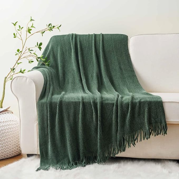 BATTILO HOME Dark Green Throw Blanket for Couch, 50"x60" | Soft Chenille Knit Throws with Tassels for Home Decor, Spring Green Throws for Couch Cover