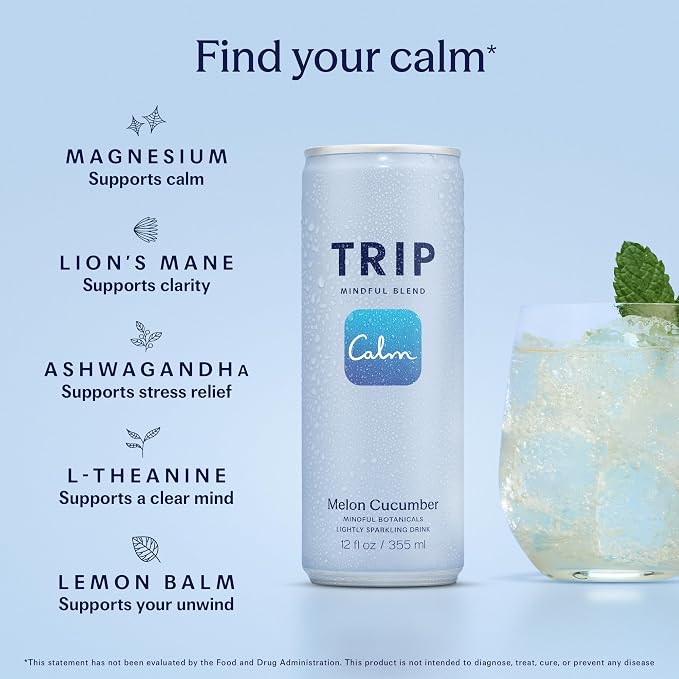 TRIP Lightly Sparkling Adaptogen Drink, Non Alcoholic Drink with Magnesium, Ashwagandha, Lions Mane & L Theanine, No Added Sugar Mocktail, Vegan, Melon Cucumber, 12 Oz, 12Pk