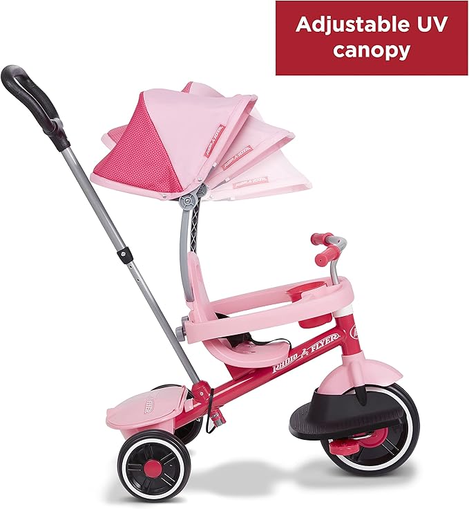 Radio Flyer Stroll N Trike Grows with Child, Converts from Parent Steering to Pedaling for Ages 1-5, Features Safety Harness, UV-Protection Canopy, Cup Holder, Toy Storage, and More, Amazon Exclusive