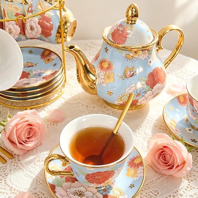 CHANJOON Gold Plated Red Rose Ceramic Tea Set, Vintage Tea Sets with Teapot, Beautiful Tea Set Coffee Serving 6 People (Green, X Large)