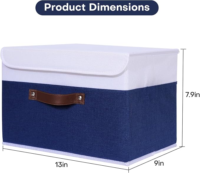 ANMINY Fabric Storage Box Bins with Lids, Blue White, 13"x9"x7.9" | Keepsake Memory Storage, Cotton Linen, PP Board Reinforced, Washable, PU Handles, Foldable & Stackable, Decorative, Medium