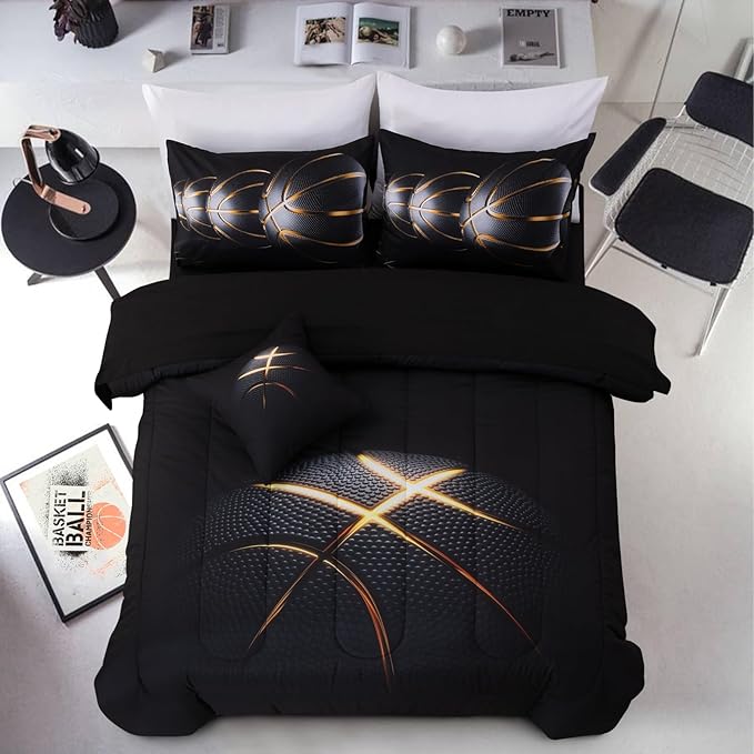 A Nice Night 6Pcs Bed in A Bag Twin Sports Comforter Set,3D Phnom Penh Black Basketball Printing for Kids Teen Boys,Twin