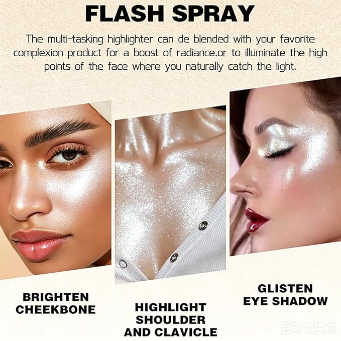 Silver White Face and Body Highlighter Spray Natural Glow Makeup, 0.14oz | High Gloss Powder, Waterproof Shimmer Spray for Women Mardi Gras Singer Concert Music Rave Festival Outfits Accessories