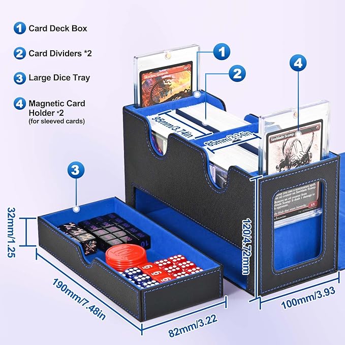UAONO Card Deck Box for MTG, Double Deck Storage Box with 2 Commander Display & 1 Dice Tray, Fits 200+ Double Sleeved, Card Organizer for CCG TCG Sports (Black Blue)