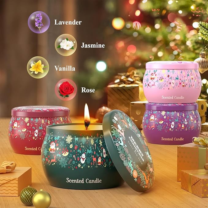 THAUSDAS Scented Candles Gift Set: 4 Pack 4.4 oz Aromatherapy Christmas Candles for Home Scented - 120H Burning Stress Relief Gifts for Women, Birthday, Mother's Day