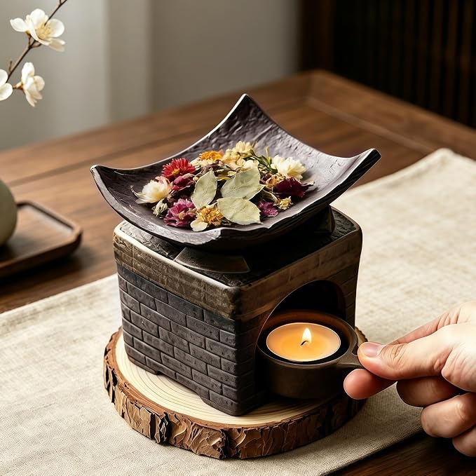 Tiiyee Ceramic Aromatherapy Stove Essential Oil Burner, Herb Burner & Candle Wax Melt Warmer with Tealight Holder Handmade Zen Incense Burner for Home Office Fragrance & Meditation Yoga & Relaxing