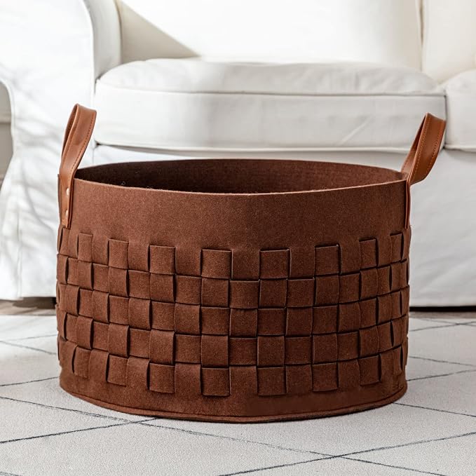 Laundry Basket 20" x20 " x11.8 ", Large Felt Fabric Blanket Basket with Leather Handle, Dirt Clothes Laundry Hamper Round for Babies, Dogs and Living Room-Brown