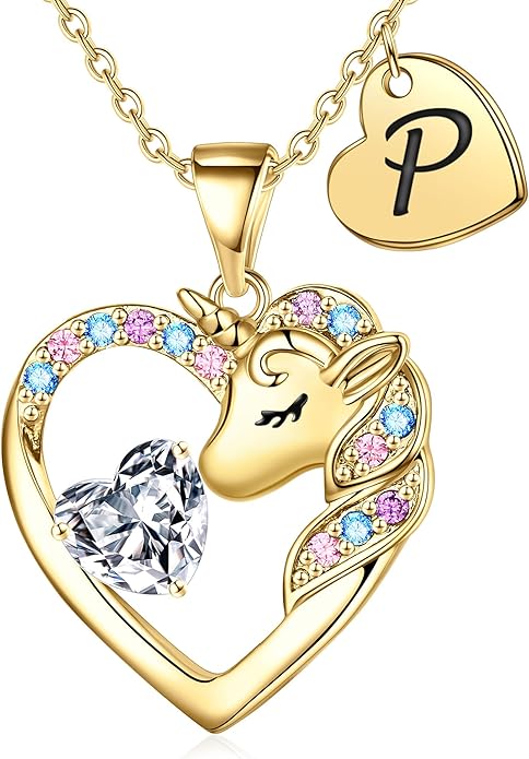 Unicorn Necklace Gifts for Girls Kids - Colorful CZ Heart Initial Necklaces Unicorn Necklace for Girls Jewelry Birthday Gifts for Little Girl Kids