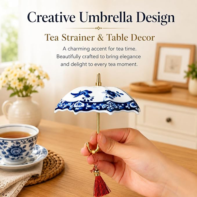 Umbrella Shape Ceramic Tea Strainer with 360° Rotating Drip Tray, Blue and White Porcelain Loose Leaf Tea Filter for 2.5-4 Inch Cups, Mugs and Teapots, Dishwasher Safe Reusable Tea Bag Alternative