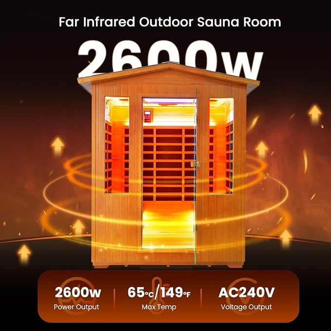 OUTEXER Outdoor 4 Person Sauna Far Infrared Saunas Dry Sauna Room Red Cedar and Canadian Hemlock Wood Wooden Sauna Spa 2600W 240V with 7 Color Light 62.2 * 46.8 * 81.9 inches