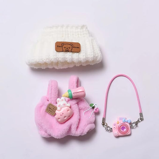 17cm Doll Clothes Set (Doll Not Included) -3-Piece-Handmade Crochet Outfit, Chic Fashion with Stylish Accessories for Mini Dolls Hat + Overalls + Camera Ornament [Pink]