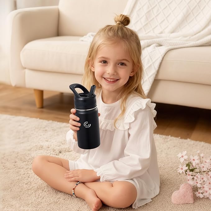 Kids Water Bottle,14oz Stainless Steel Insulated Water Tumbler Leak-Proof,School Water Mug,Small and Portable,Suitable for Boys and Girls to Use(Black)