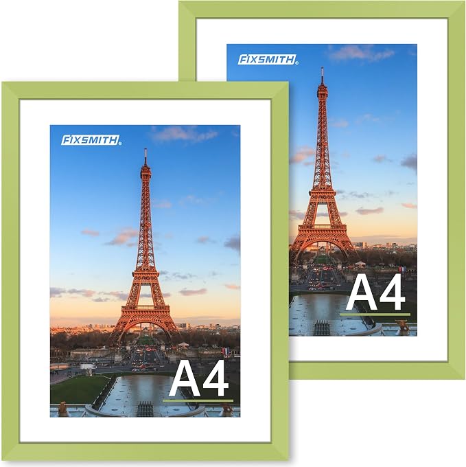 FIXSMITH A4 Picture Frame Set of 2, Green Photo Frame with HD Plexiglass, Display Pictures 6x8 with Mat or 8.3x11.7 Without Mat Multi Picture Frames Collage for Tabletop or Wall Display