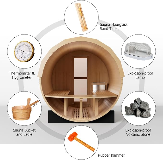 Outdoor Wooden Panoramic Barrel Sauna, 4-6 Person Sauna Room 220V， 6kw Toule Electric Heater， Accessories and Asphalt Shingle Roof, (Helmock, 70.86"x74.86"x74.86")