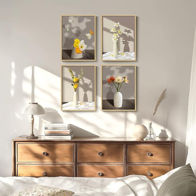 Framed Botanical Floral Wall Art, 4 Piece Yellow Flower Canvas Painting Prints Artwork for Walls, Modern Elegant Pictures for Living Room Bedroom Kitchen Hallway Dining Room Home Decor, 12x16 Inch