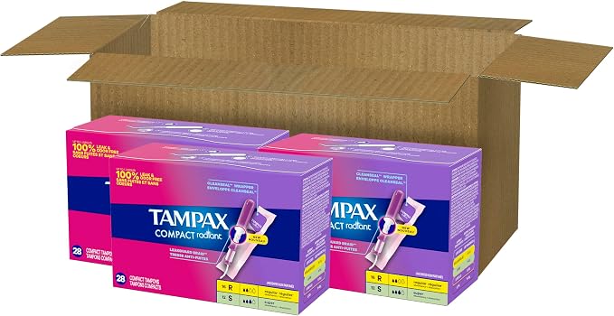 Tampax Compact Radiant Tampons for Women Multipack, with LeakGuard Braid & Extendable Applicator, Regular/Super Absorbency, Unscented, 84 Count (Pack of 2)