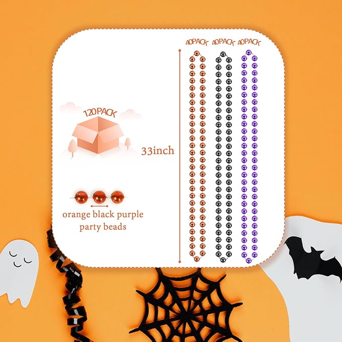 120 PCS Halloween Beads Necklaces, Purple Black Orange Party Beads 33'' Halloween Necklaces Accessories Party Stuff for Trick or Treat Decorations