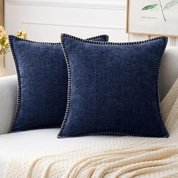 MIULEE Decorative Couch Throw Pillow Covers 20x20 Inch Navy Blue 2 Pack | Farmhouse Pillow Covers with Stitched Edge, Soft Chenille Cushion Cases, for Sofa Bed Living Room Home Decor