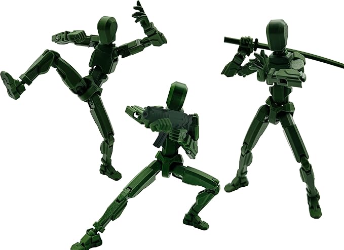 3D Printed Enlarge Body Size 8.1-inch Action Figure Dummy20, Full Body Mechanical Movable Toy, Multiple Accessories, Desk Decoration (Bracket, 3 HandsType, Weapons, Armour) (Army Green)