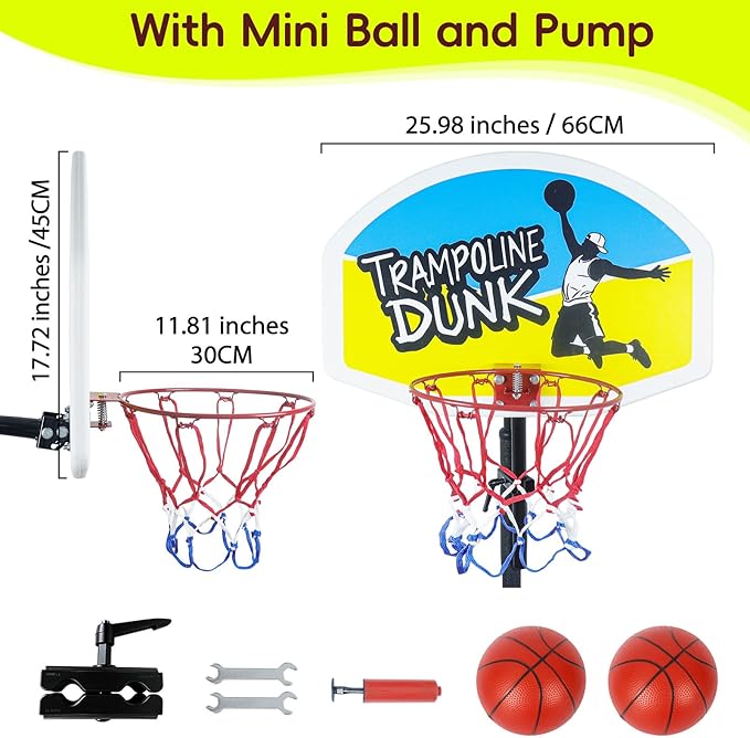 Trampoline Basketball Hoop with 2 Mini Basketball Easy to Install, Upgraded Basketball Hoop for Trampoline Dunk, Fit for Straight and Curved Pole,for Indoor and Outdoor Use