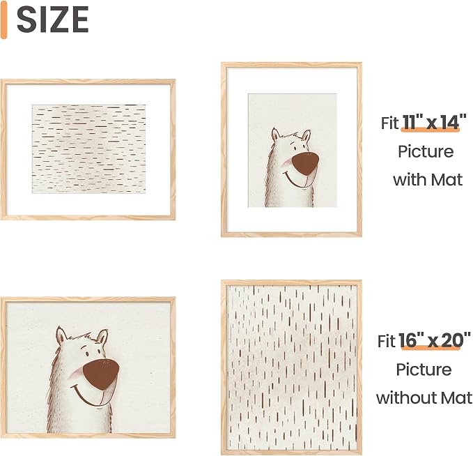 upsimples 16x20 Picture Frame, Display Pictures 11x14 with Mat or 16 x 20 Without, Wall Hanging Poster Frame, Natural Style, 1 Pack