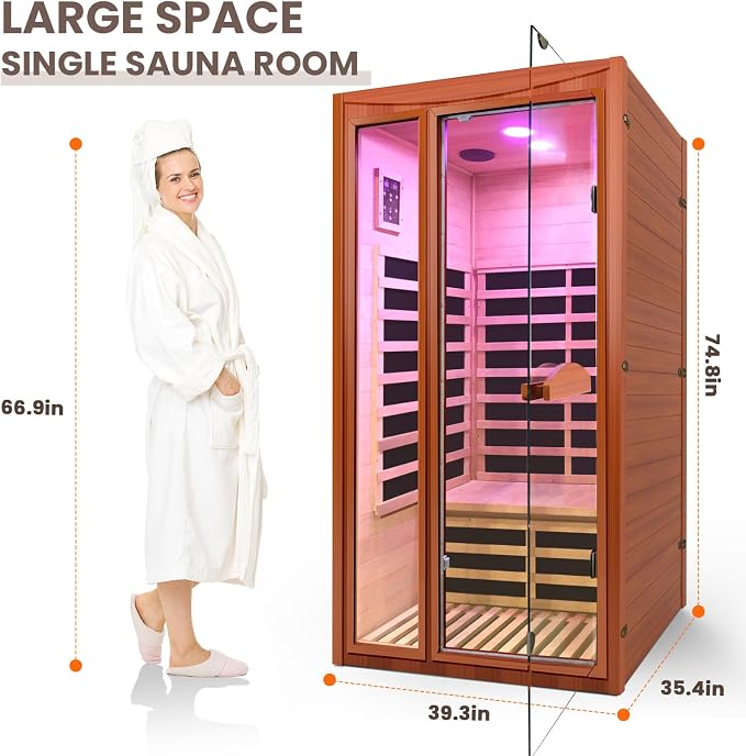 OUTEXER Far Infrared Sauna Home Sauna Spa Room for 1-2 Person Low-EMF Canadian Hemlock Wood 1550W Indoor Saunas with 7 Color Light 39.3 * 35.4 * 74.8Inch