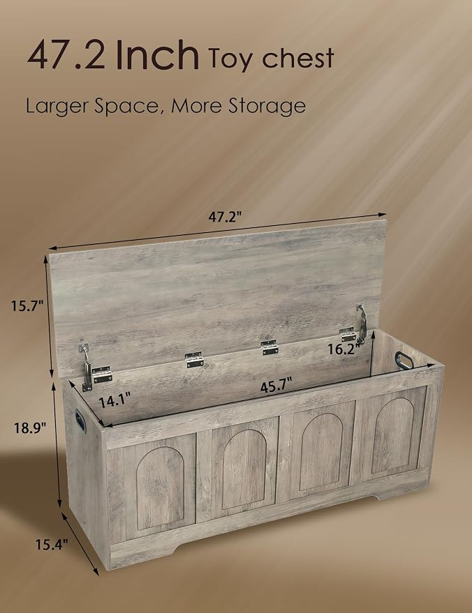 Storage Chest, Wooden Toy Box, Gray Wash 47.2" L | Entryway Shoe Bench, 2 Soft-close Hinges, Finger-safe Flip-Top Lid, Easy Assembly, Farmhouse Large Trunk, Living Room/Bedroom
