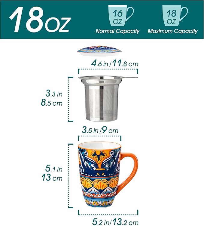vancasso Ceramic Tea Cup with Infuser and Lid, 18 Ounce Tea Infuser Mug for Loose Leaf Tea, Microwave & Dishwasher Safe, Bohemian Mandala, Gift for Tea Lovers, Amber Iris Bloom