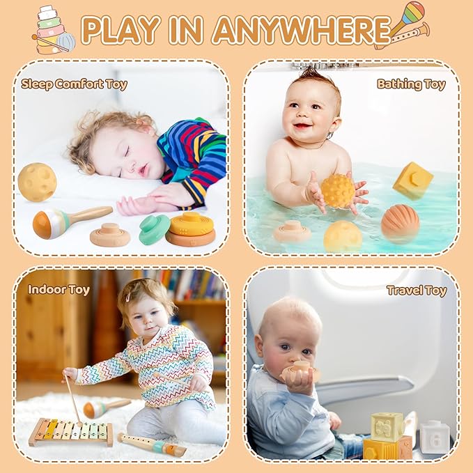 Baby Toys 6-12 Months Montessori Toys 6 in 1 Musical Instruments for Toddler, Stacking Blocks Development Learning Educational Toy with Wooden Xylophone Infant Baby Birthday Gift